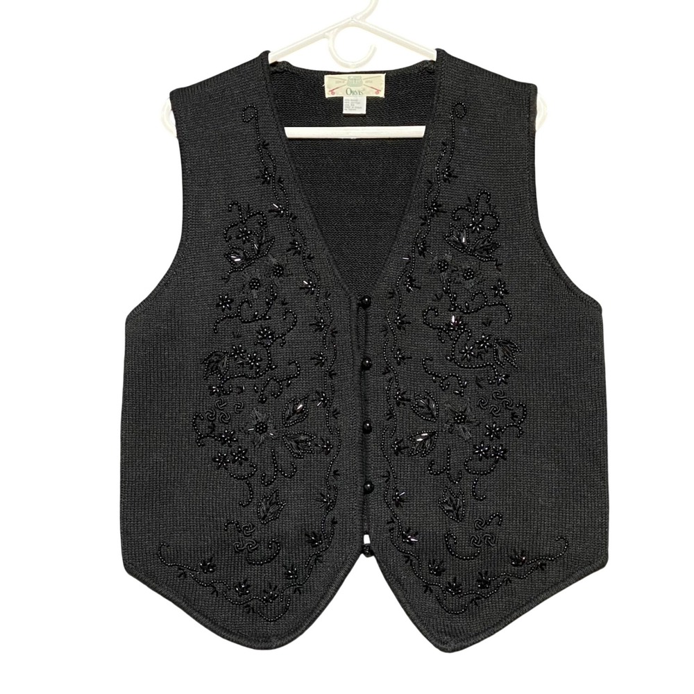 ORVIS Black Beaded Floral Knit Vest Women‎ M Ramie Cotton V Neck Button Front
